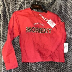 Festive Red Long Sleeve Tee with Beaded Graphic